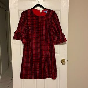 Draper James Size 8 Red and Black Plaid Dress with Bell Sleeves